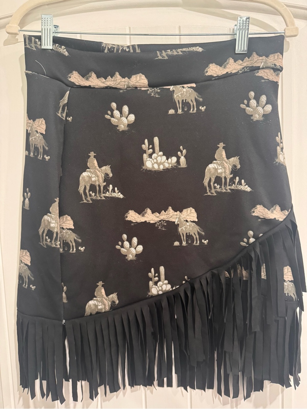 Black Western-Print Midi Skirt with Fringe
